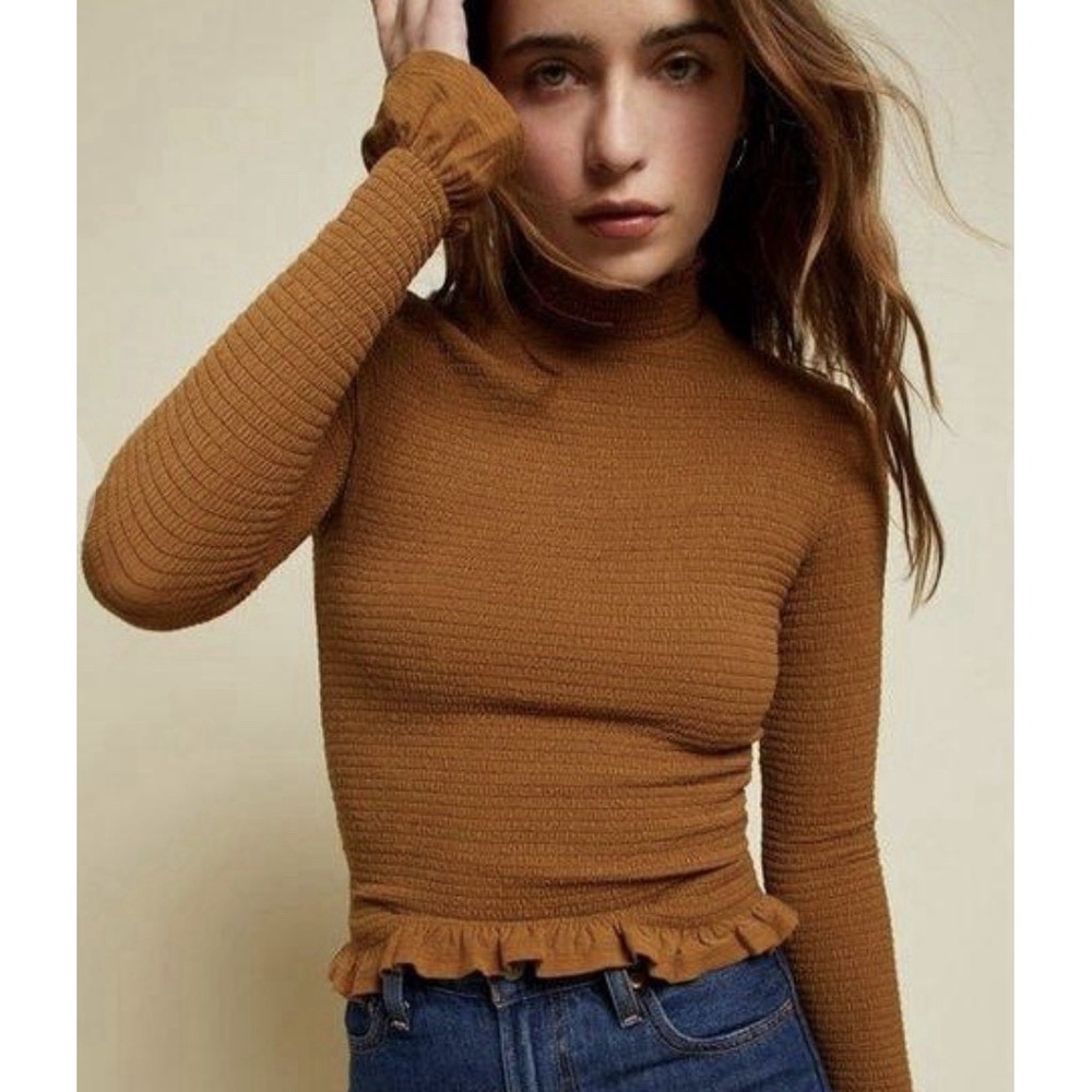 Nation LTD Women's L Emmy Smocked Ruffle Hem Smock Turtleneck Top